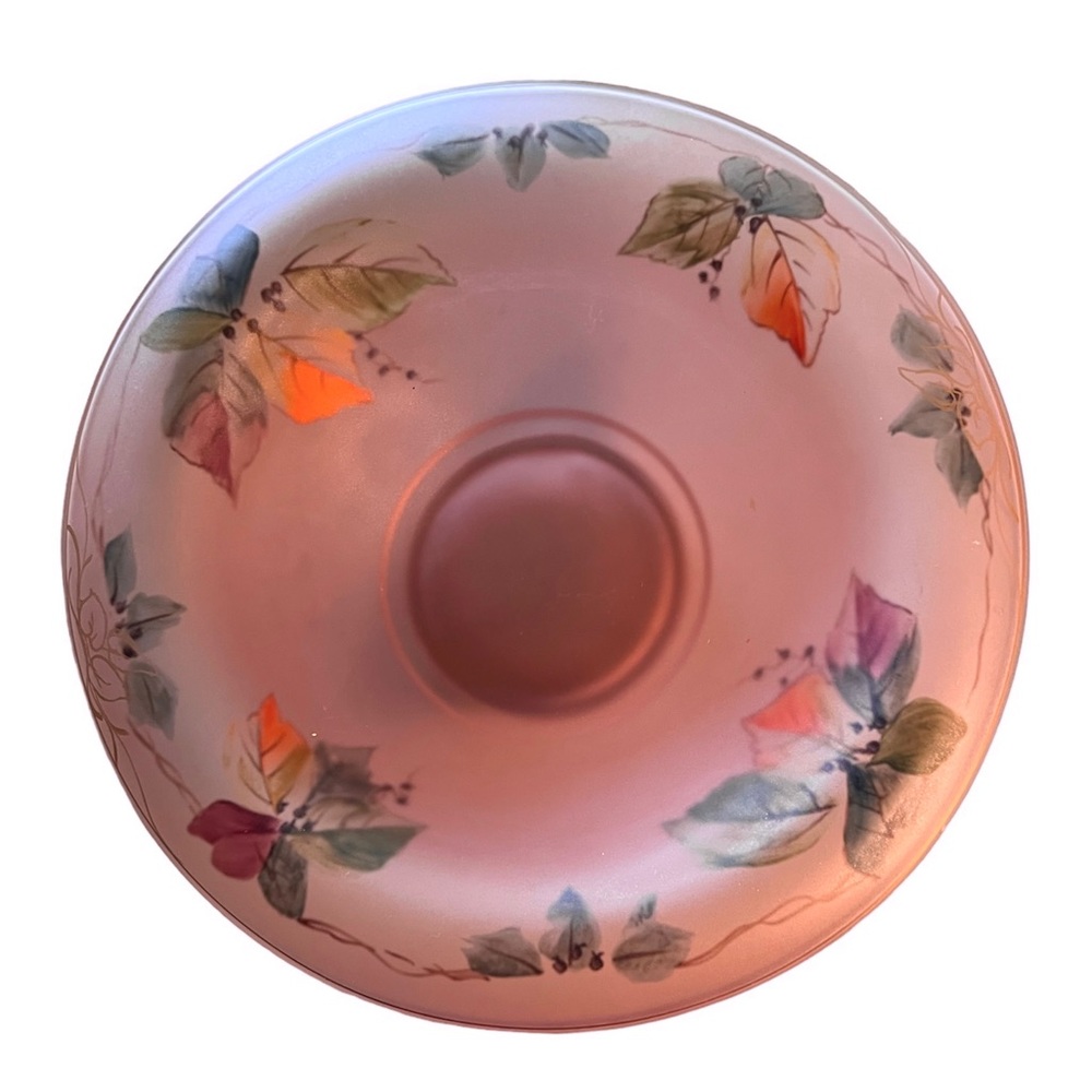 Pink Satin Depression Glass Bowl w/Reverse Hand Painted Leaves & Berries MINT